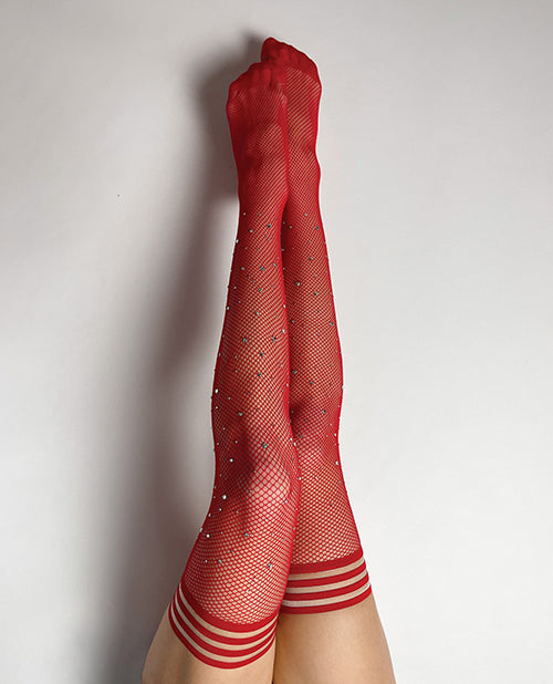 Kix'ies Joely Red Fishnet Rhinestone Thigh - From Petite To Plus Size