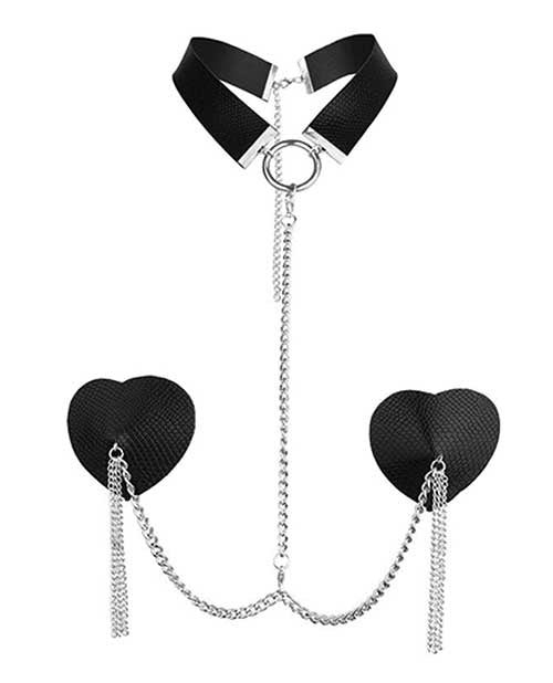 Nipplicious Dominatrix Leather Collar& Pasties w/Chain
