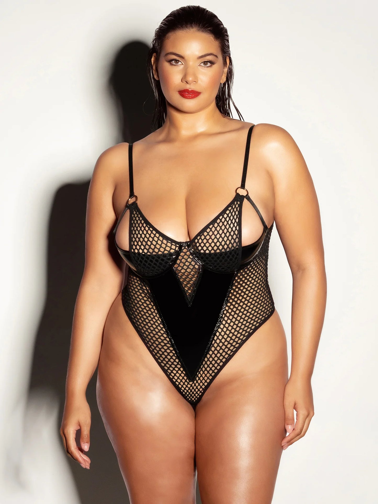 FETISH Frisky Fishnet & Vinyl Cup Peek A Boo Teddy