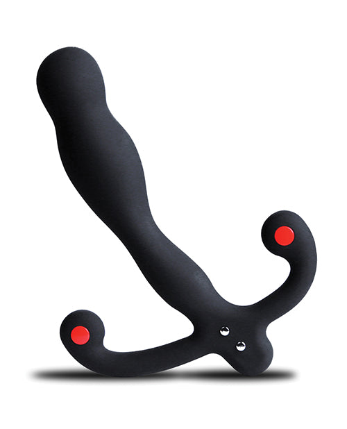 Black and red silicone butt plug on a white background - Aneros Vibrating Eupho Syn V Bedroom Besties