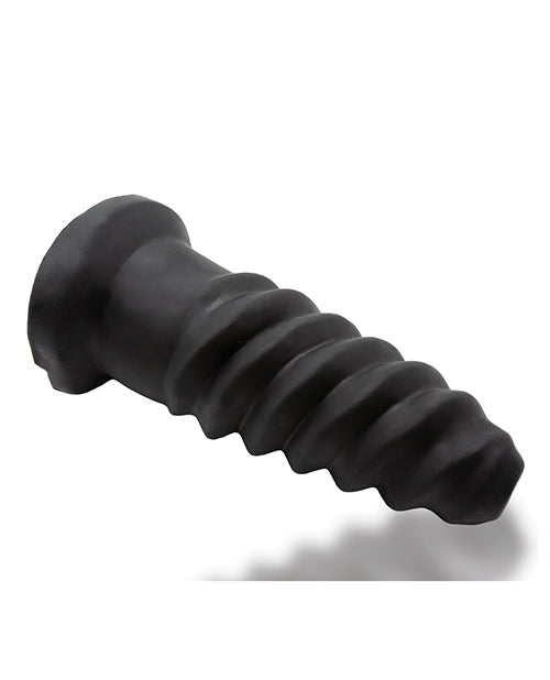 Black silicone screw shaped dildo on a white background