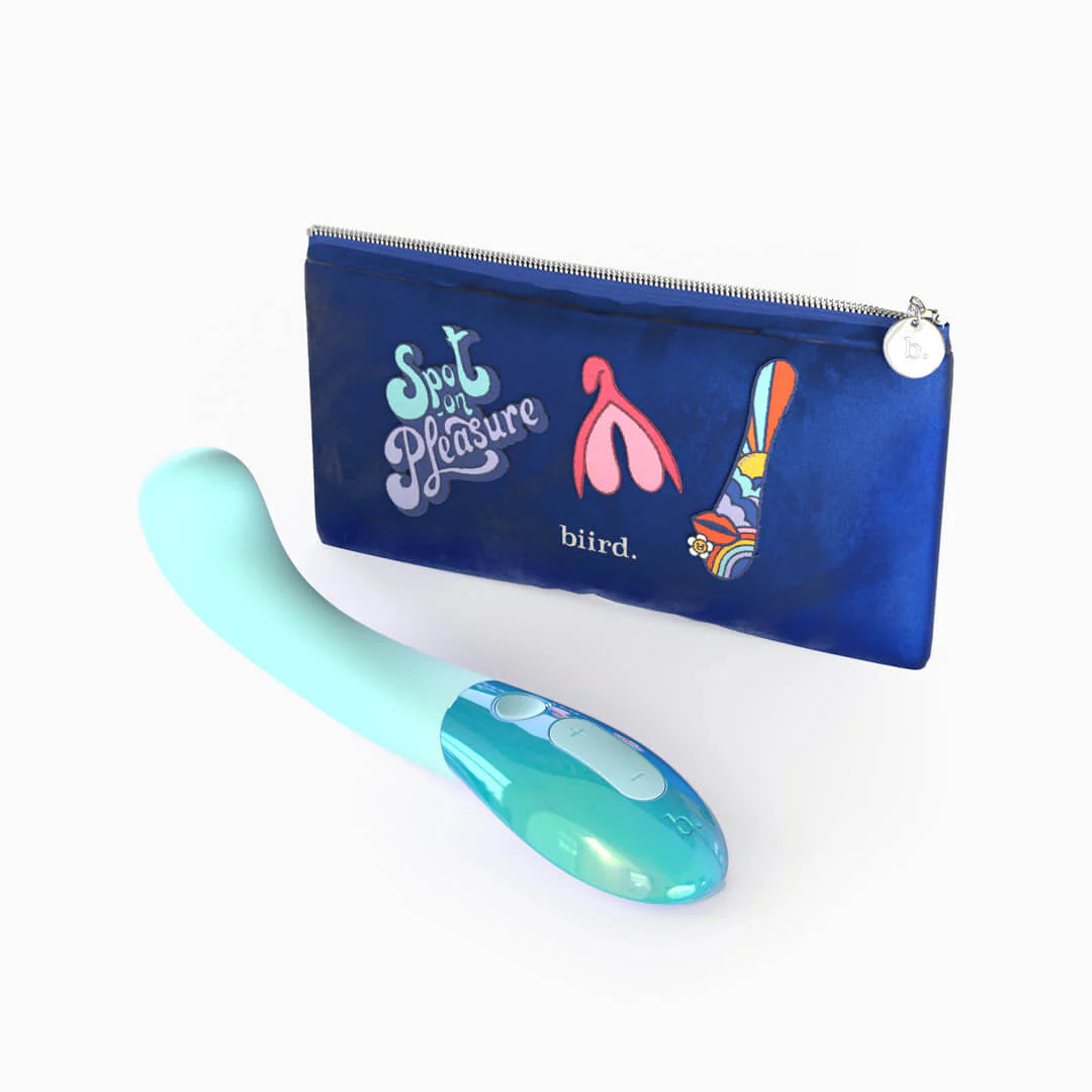 Mint Biird Gii Glow G-spot vibrator with pouch. Experience internal and external stimulation like you’ve never felt before with Gii Glow. Curved for maximum pleasure, Gii Glow emits deep and rumbly vibrations that hit the spot every time. Featuring 9 different vibration modes, each with 8 strength settings and quick access to bliss mode, Gii Glow is a vibrator like no other.