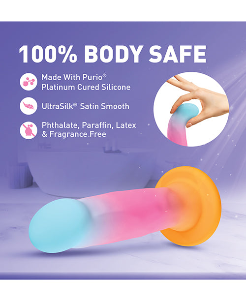 Colorful silicone sex toy with '100% Body Safe' text and product features on a purple background