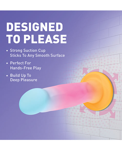 Product packaging with a colorful design on a tiled bathroom wall background.