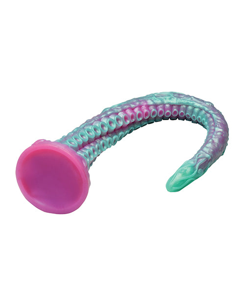 Turquoise and pink Creature Cocks Tentacle Silicone Dildo w/Harness on a white background