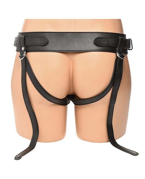 Black leather harness on a mannequin against a white background