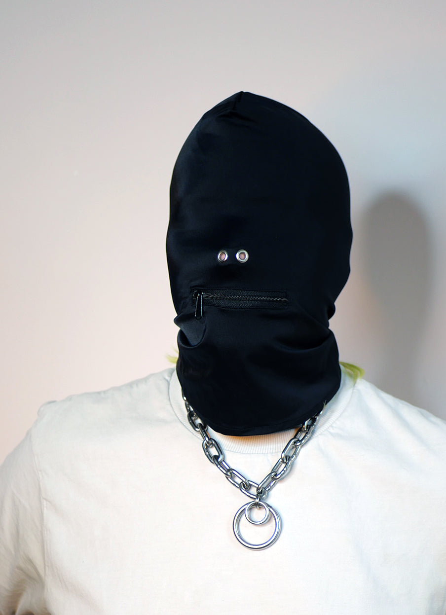Fetish & Fashion Zippered Mouth Hood being worn black