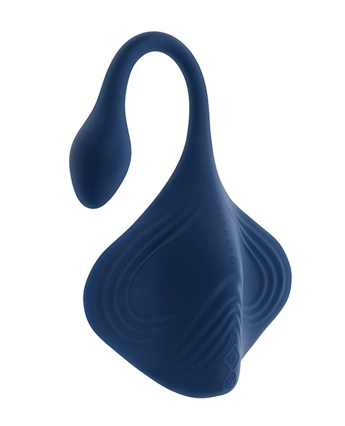 Blue silicone swan-shaped Gender X Daily Grind Vibrator on a white background