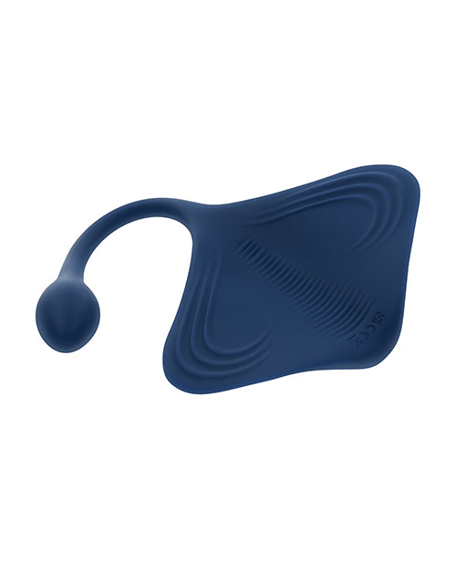 Blue silicone Gender X Daily Grind Vibrator with a curved design on a white background