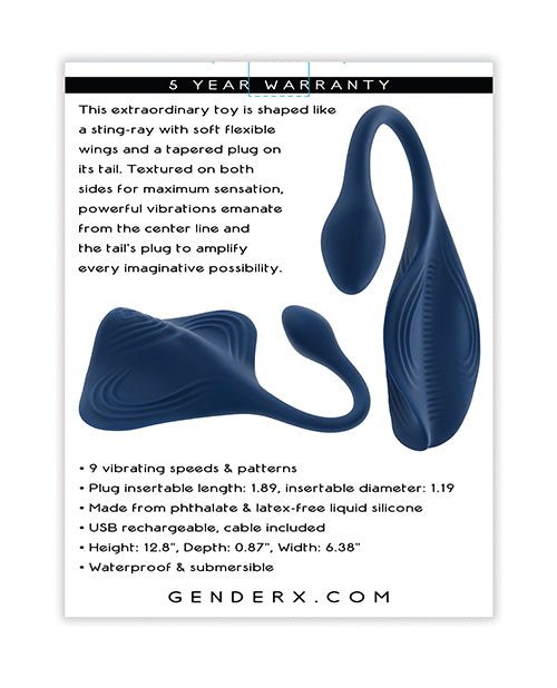 Blue Gender X Daily Grind Vibrator shaped like a stingray with product details on a white background