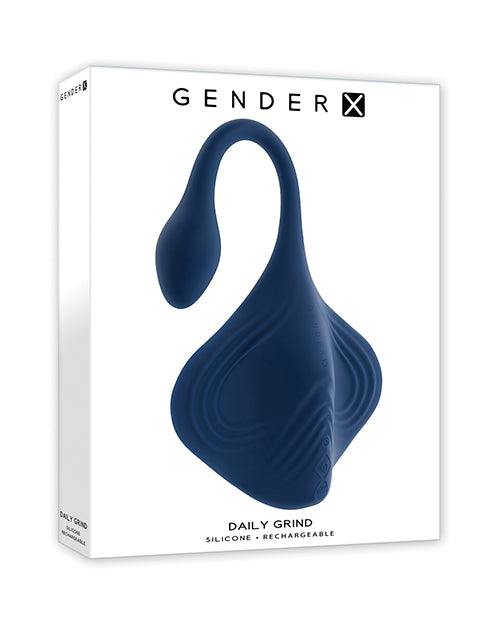 Blue silicone Gender X Daily Grind Vibrator packaging with 'GenderX' branding on a white background