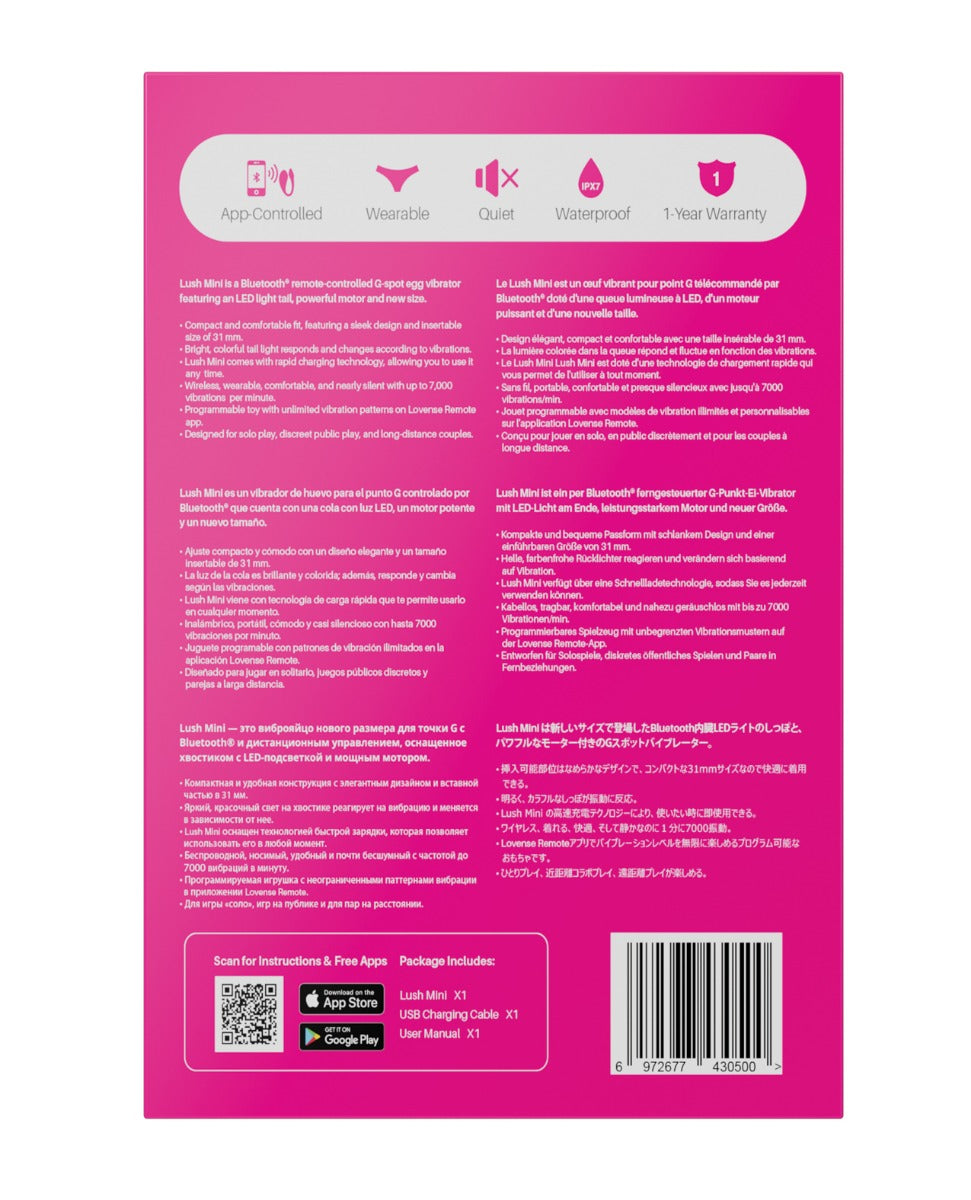 Back of a product packaging with text and QR code on a pink background