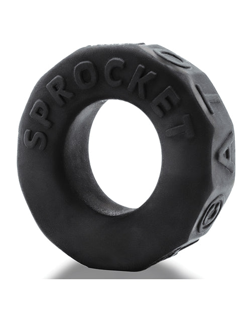 Black Oxballs Sprocket No-Roll Cock Ring with 'Sprocket' branding on a white background