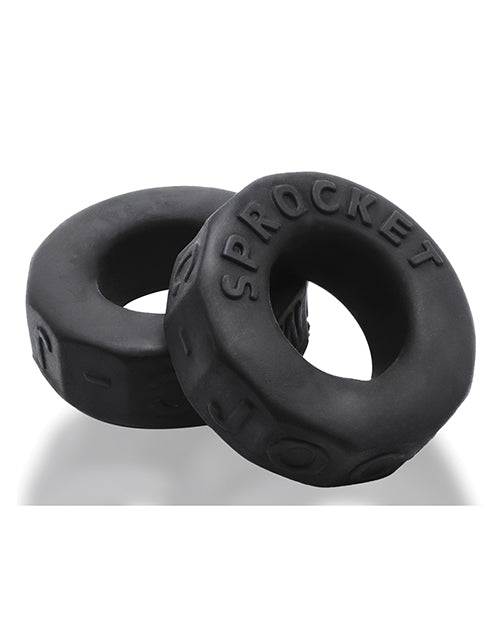Two black rubber Oxballs Sprocket No-Roll Cock Ring  with 'Sprocket' branding on a white background