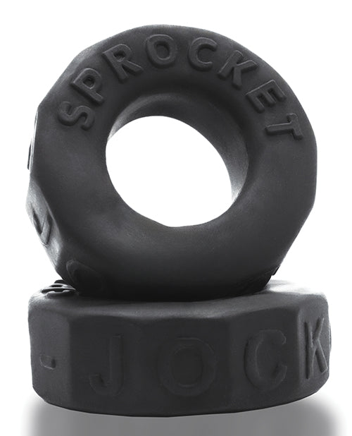 Black rubber Oxballs Sprocket No-Roll Cock Ring  with 'Sprocket' branding on a white background