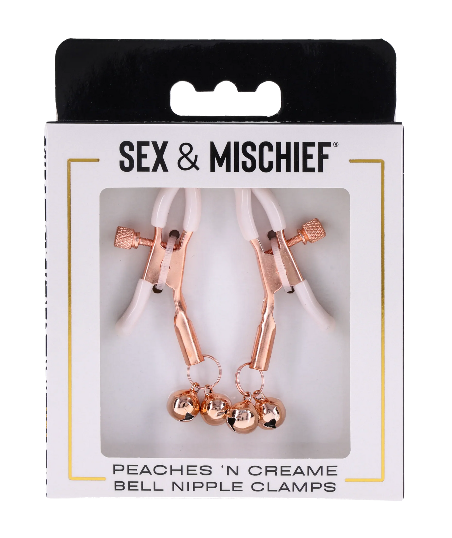 Bell nipple clamps packaging with 'Sex & Mischief' branding on a white background