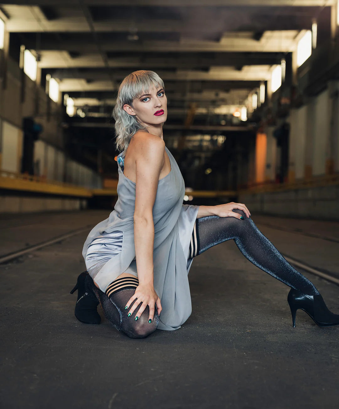 Kix'ies Kaylee Grey Shimmer Thigh High - From Petite To Plus Size