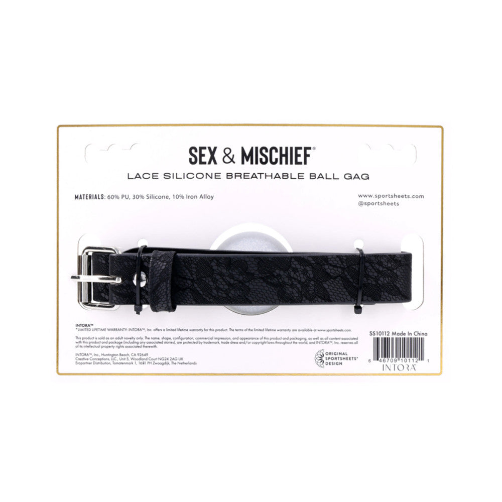 Sex & Mischief Lace Silicone Breathable Ball Gag back of packaging