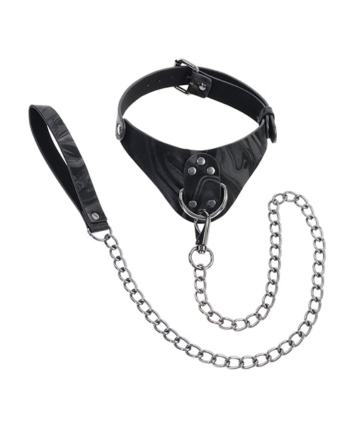 Black leather choker with metal chain on a white background