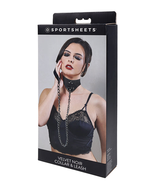 Box of Sportsheets Velvet Noir Collar & Leash with a model wearing the product.