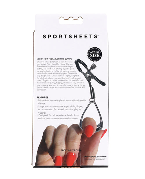 Package of Sportsheets Velvet Noir Tuggable Nipple Clamps with a hand model on a white background