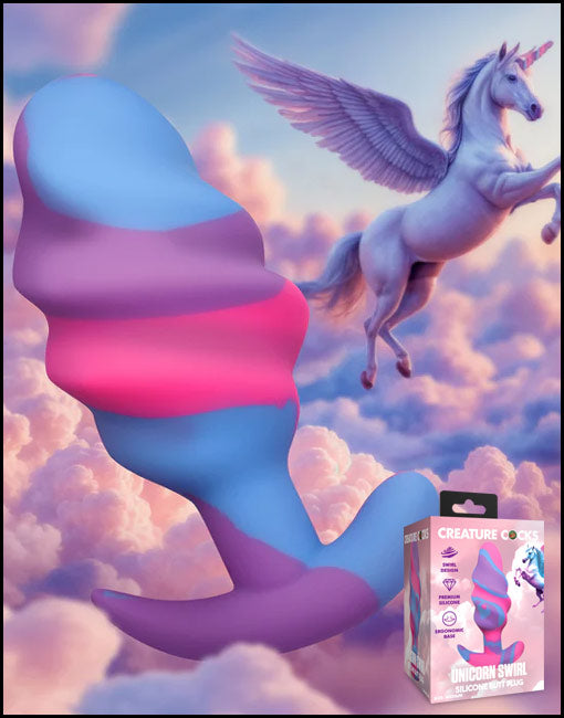 Large unicorn swirl silicone butt plug by Creature Cocks  with unicorn illustration