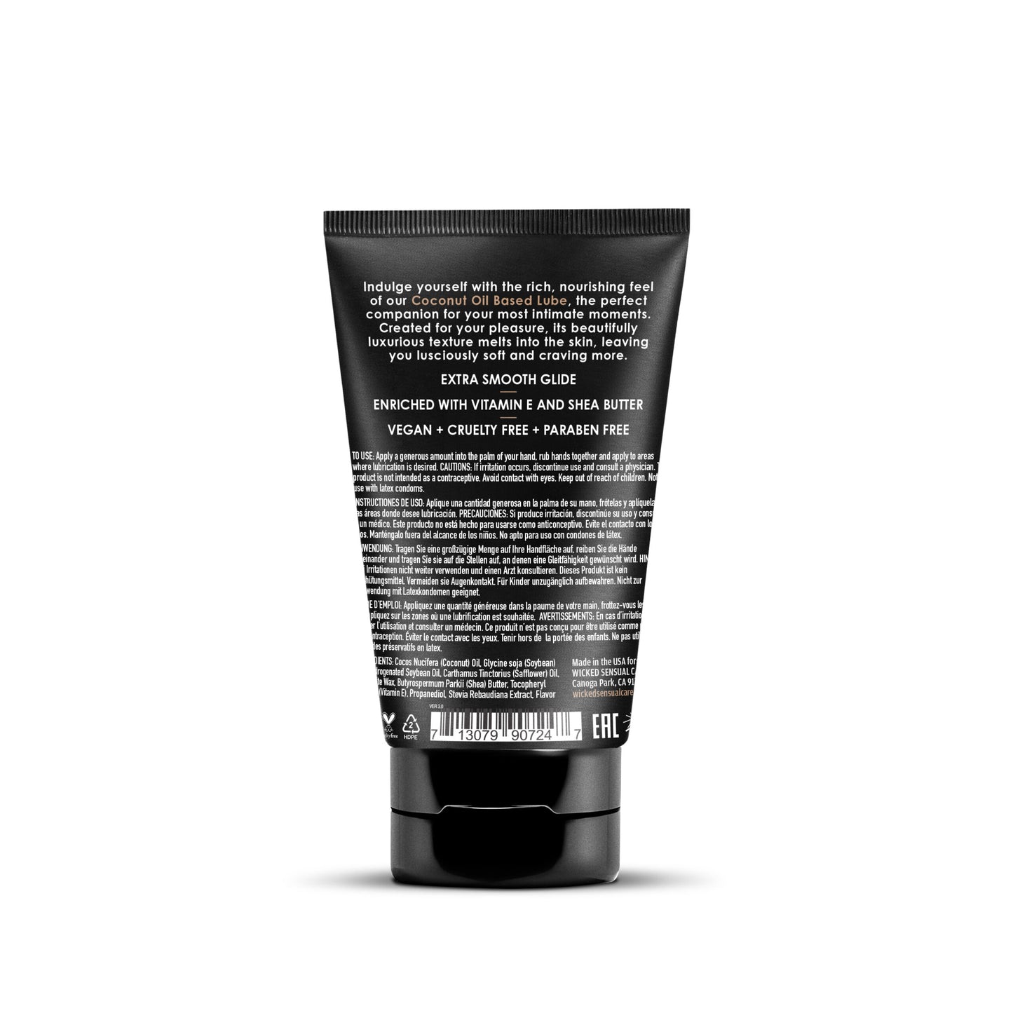 Black tube of Wicked Sensual Care Coconut Oil Based Lube with text on a white background