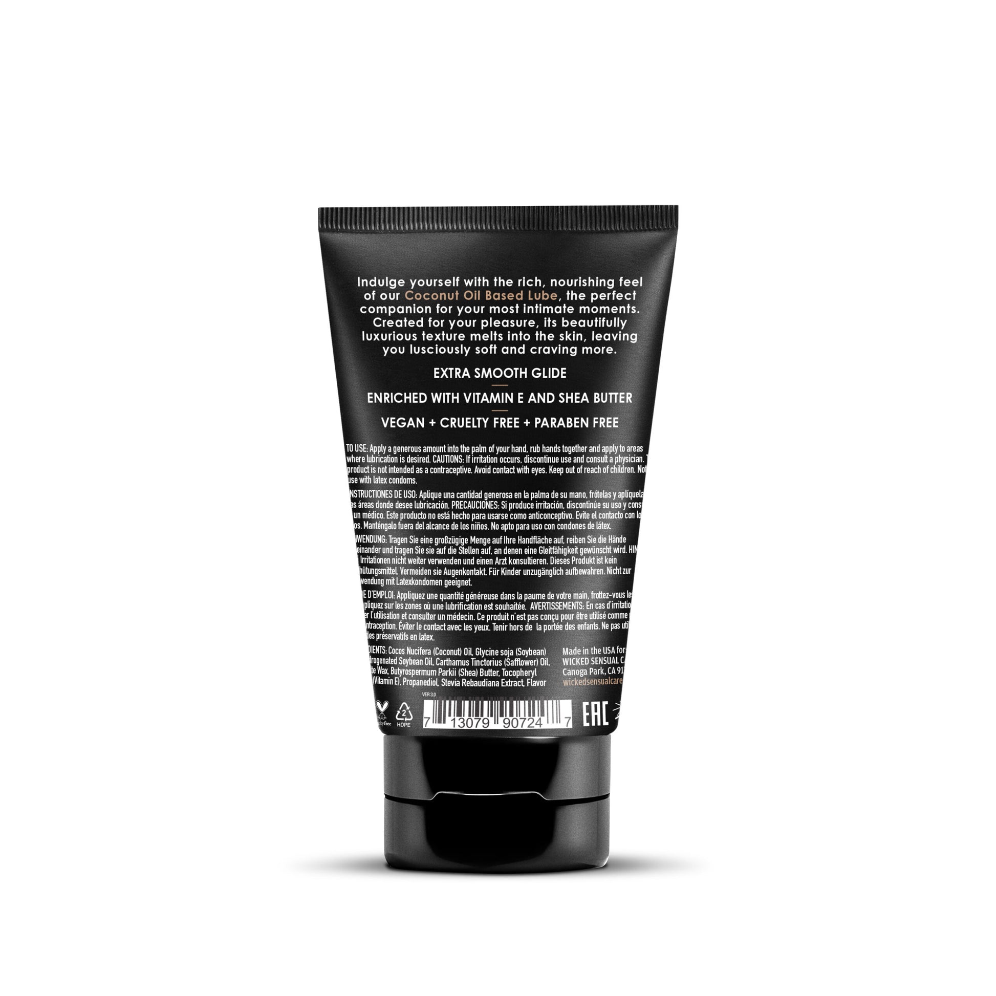 Black tube of Wicked Sensual Care Coconut Oil Based Lube with text on a white background