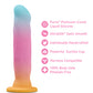 Gradient silicone dildo with features listed on a white background