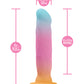 Gradient-colored sex toy dildo with measurements on a white background