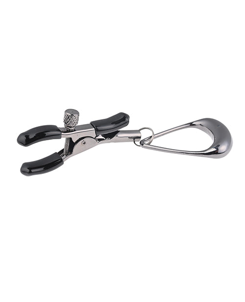 Metal Sportsheets Velvet Noir Tuggable Nipple Clamps with black handles on a white background