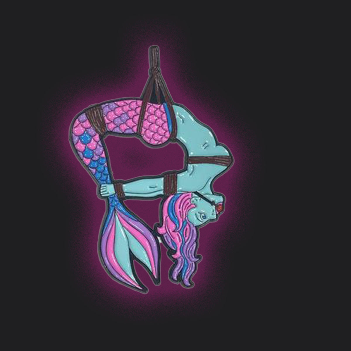 Colorful mermaid and acrobat illustration on a dark background
