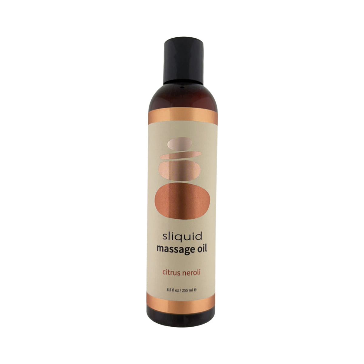 Bottle of sliquid massage oil with a beige label on a white background