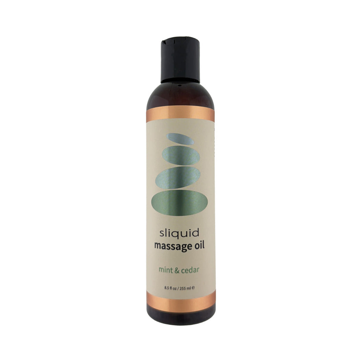 Sliquid massage oil bottle with a beige label on a white background