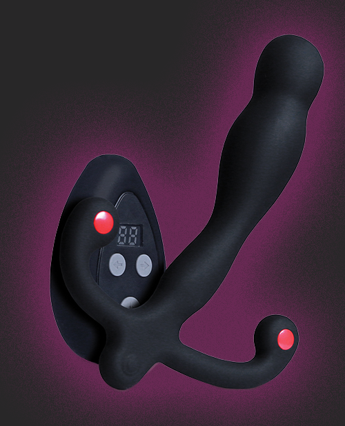 Aneros Vibrating Eupho Syn V vibrating prostate massager with digital control on a purple background