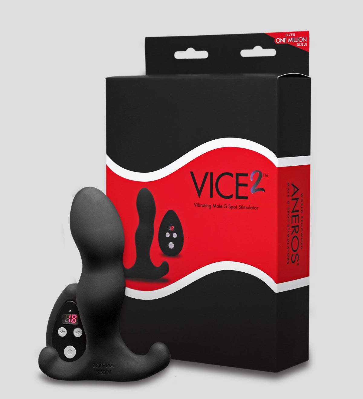 Black VICE 2 prostate vibrator with packaging on a gray background