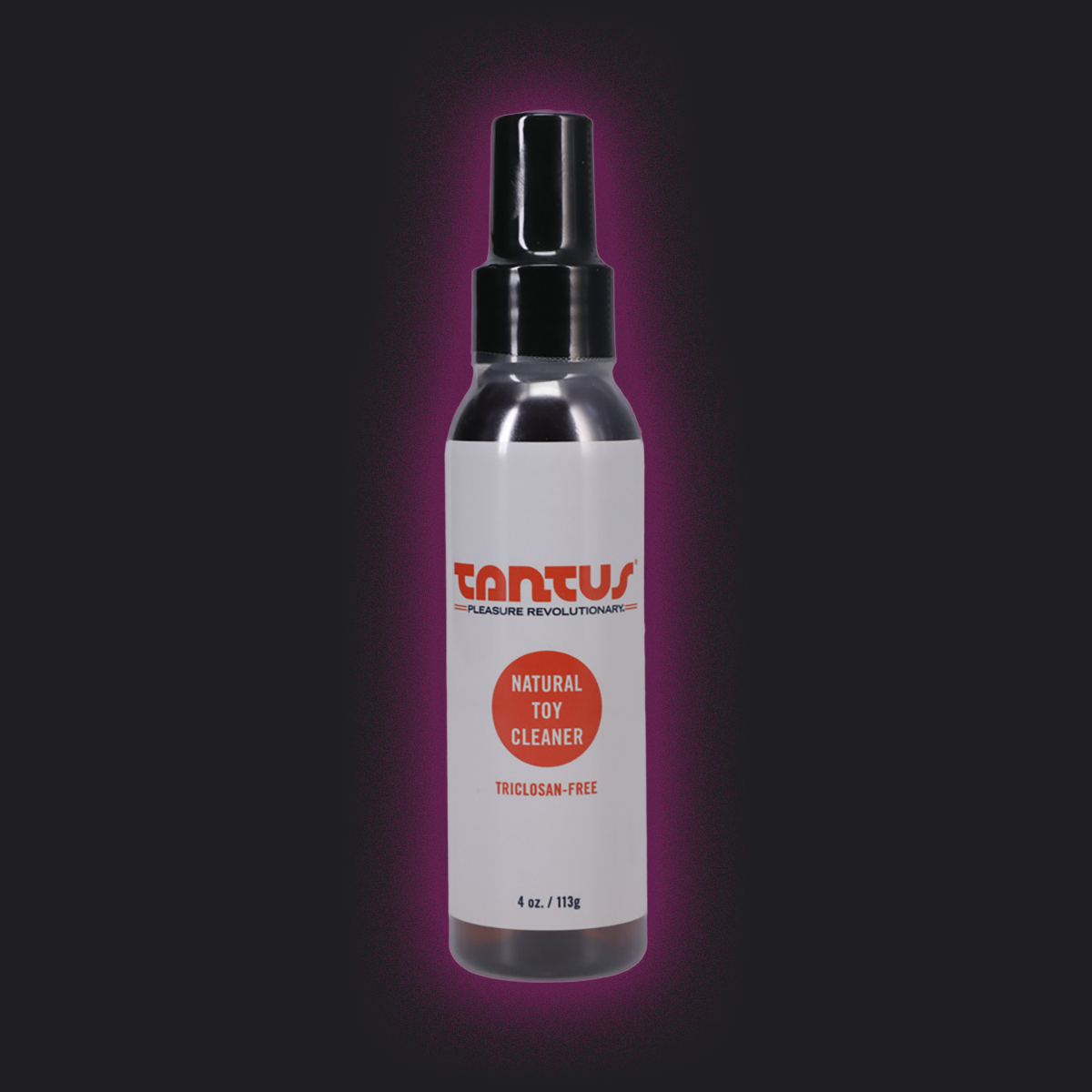 Bottle of Tantus natural toy cleaner on a dark background