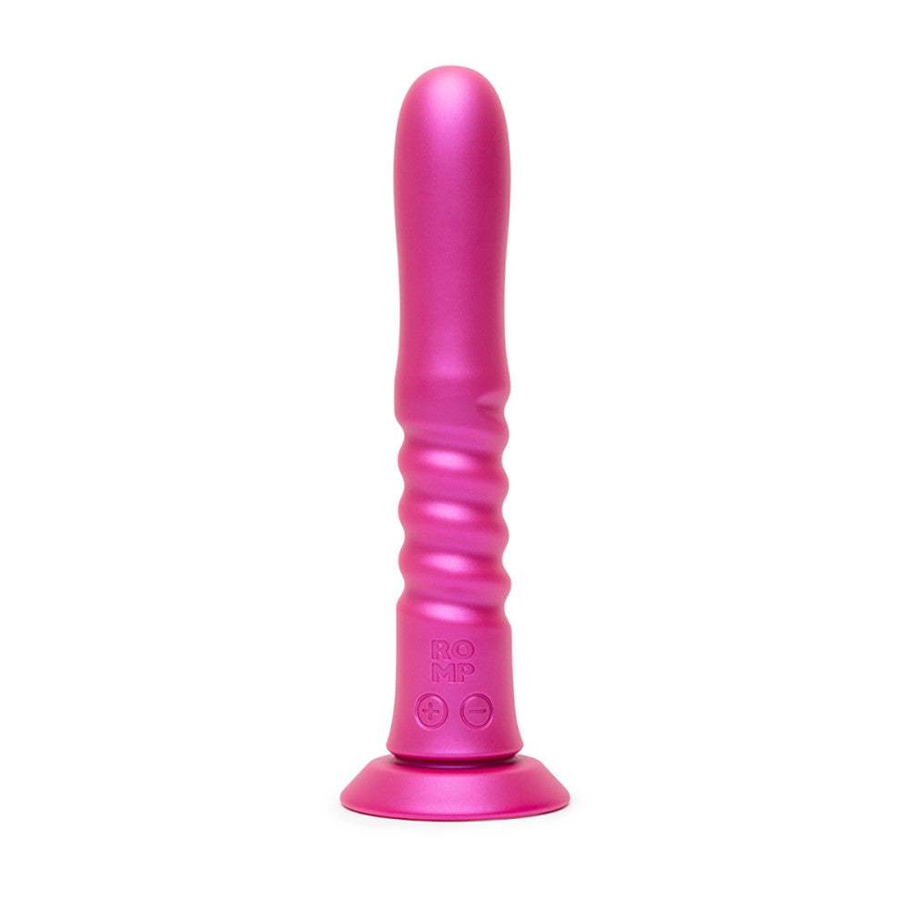 Pink silicone ROMP Jiggle Thrusting Vibrator with branding on a white background