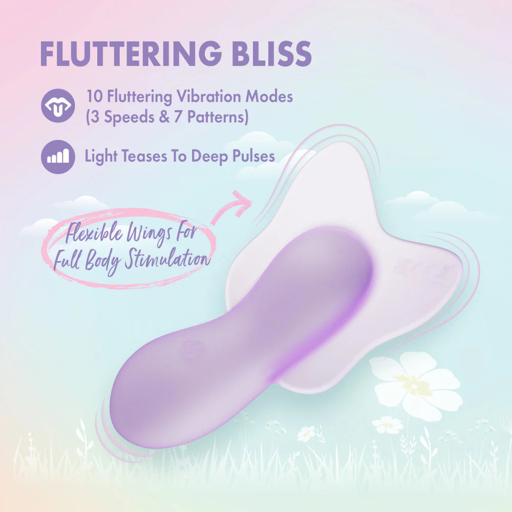 Blush Play With Me Flutter Love Vibrator with text describing fluttering bliss features on a pastel gradient background