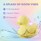 Yellow rubber duck vibrator with water splashes and text about product features on a colorful background