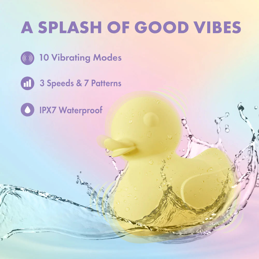 Yellow rubber duck vibrator with water splashes and text about product features on a colorful background