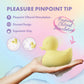 Yellow duck-shaped vibrator held in a hand with text about pinpoint clitoral stimulation on a colorful background.