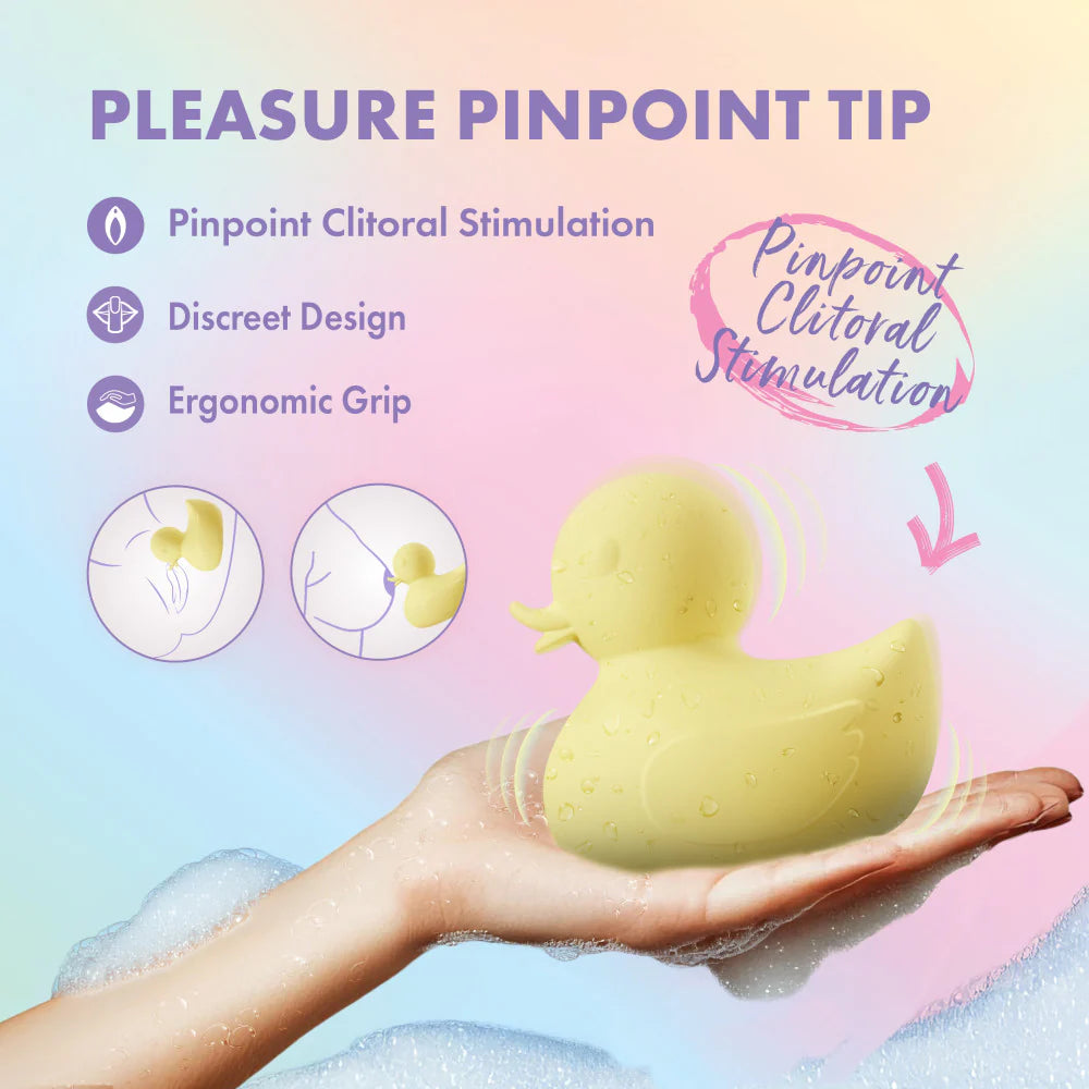 Yellow duck-shaped vibrator held in a hand with text about pinpoint clitoral stimulation on a colorful background.