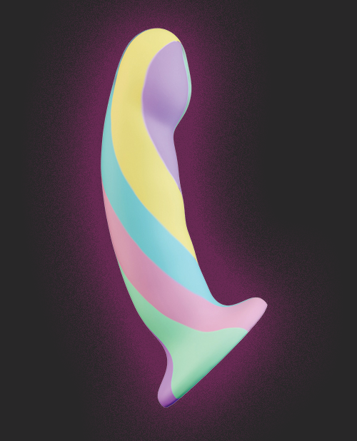 Colorful, striped Blush Avant Daydream Silicone Dildo on a dark purple background