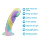 Colorful silicone Blush Avant Daydream Silicone Dildo with features listed on a white background