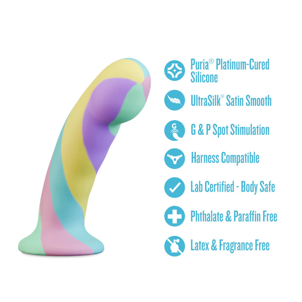Colorful silicone Blush Avant Daydream Silicone Dildo with features listed on a white background