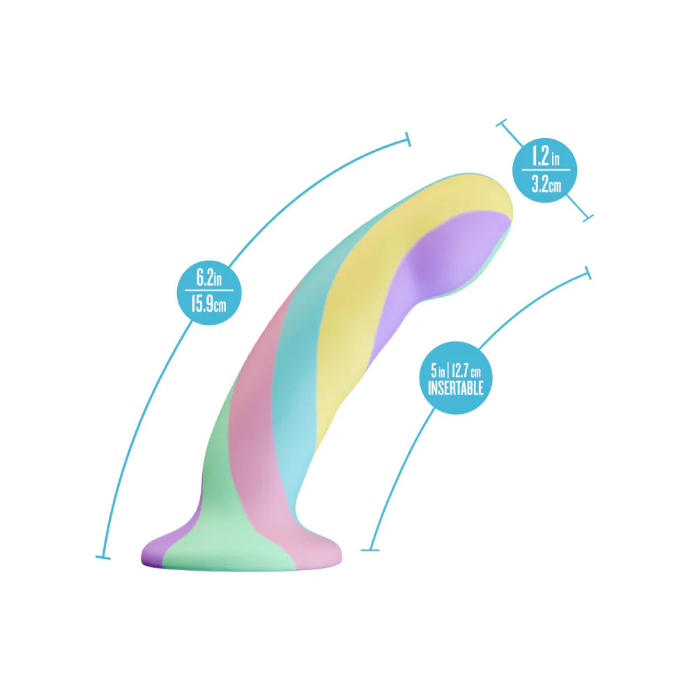 Pastel-colored silicone Blush Avant Daydream Silicone Dildo with measurements on a white background