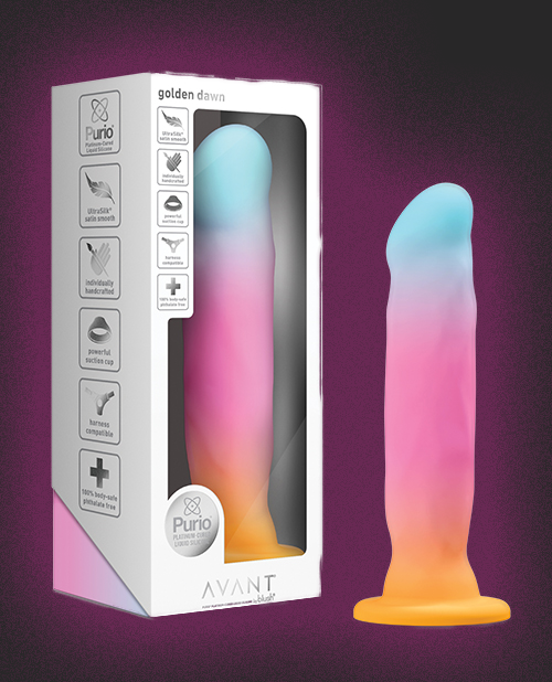Gradient-colored product with packaging on a purple background