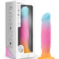 Gradient-colored dildo with packaging on a white background