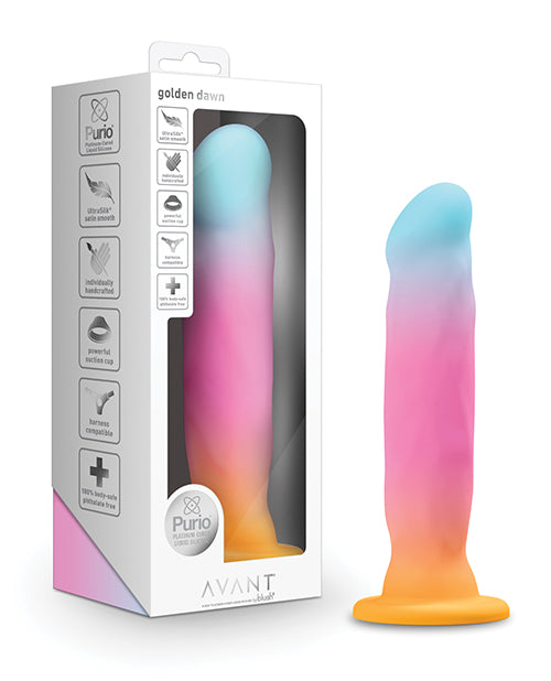 Gradient-colored dildo with packaging on a white background